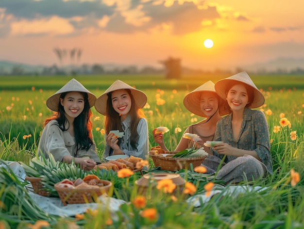 Foto de amigos desfrutando de um piquenique em um vibrante Paddy Fiel vietnamita Atividades familiares Cuidados de trabalho
