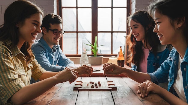 Foto de amigos sentados em uma mesa de madeira se divertindo enquanto jogam um jogo de tabuleiro