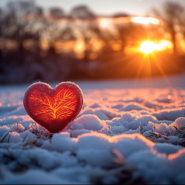 Foto de amor no coração vermelho de inverno exibido no pôr do sol nevado para tamanho de postagem em mídia social