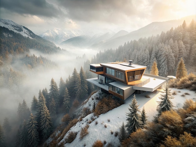 Foto de ângulo largo de uma casa futurista moderna em um vale cercado por nevoeiro e árvores