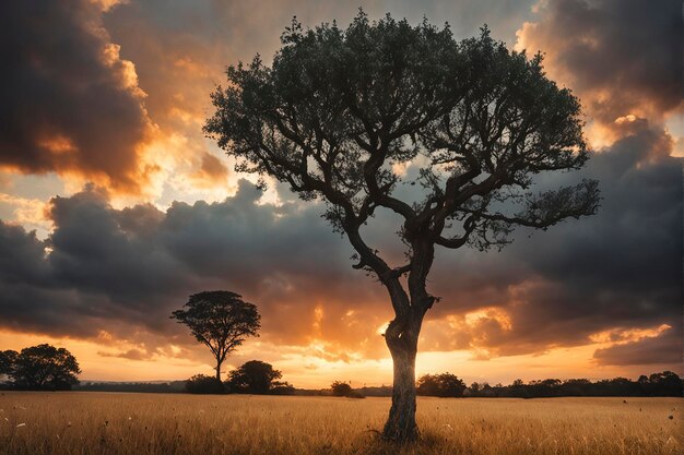 Foto foto de ângulo largo de uma única árvore crescendo sob um céu nublado durante um pôr do sol