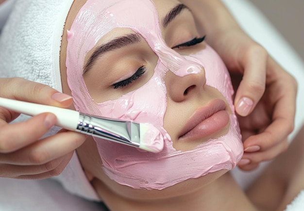 Foto foto de aplicação de máscara facial rosa tratamento facial tratamento de beleza