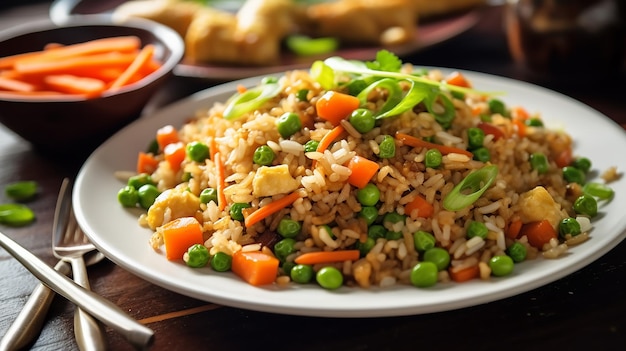 Foto de arroz frito com prato de frango