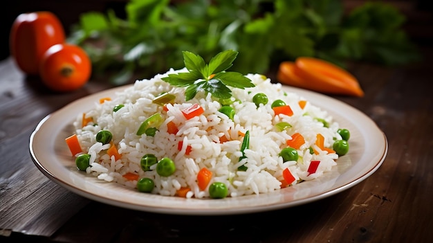 Foto foto de arroz vegetal saudável e saboroso e pratos de arroz frito na mesa