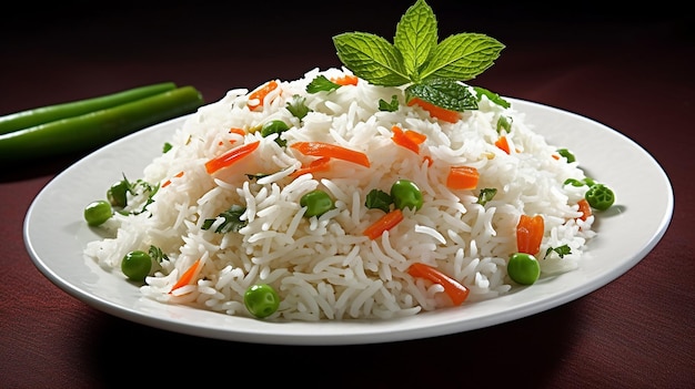 Foto de arroz vegetal saudável e saboroso e pratos de arroz frito na mesa