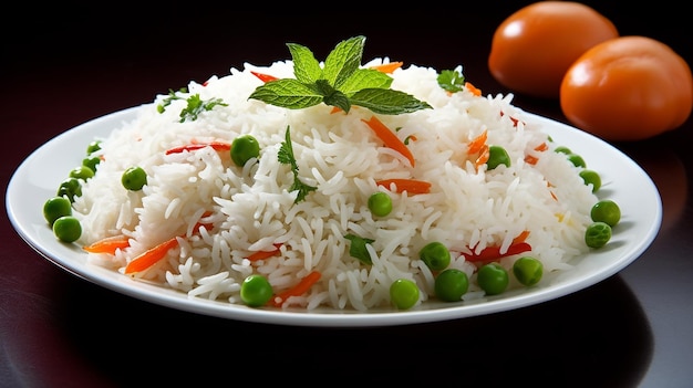 Foto de arroz vegetal saudável e saboroso e pratos de arroz frito na mesa