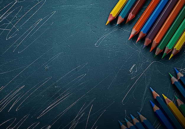 Foto foto de artigos de papelaria escolares livros de fundo de educação com lápis de cor