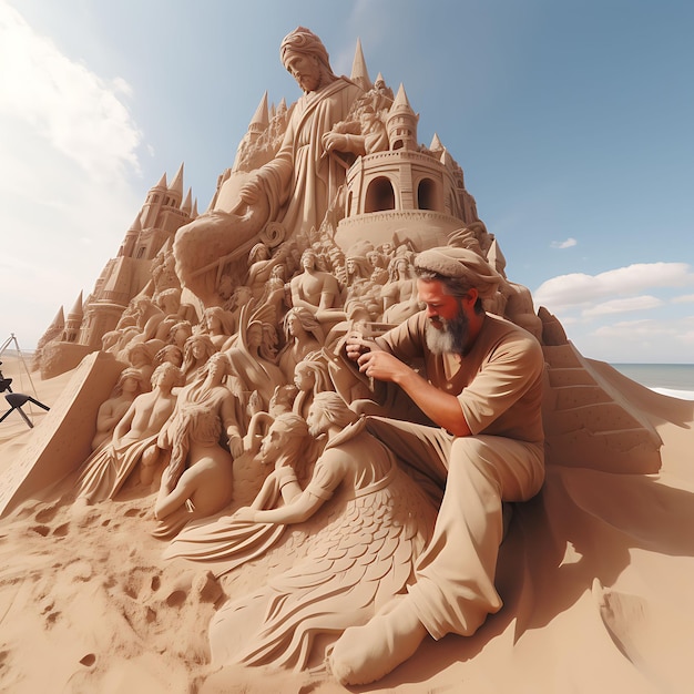 Foto de artistas colombianos criando esculturas de areia elaboradas que retratam a vibrante Colômbia festiva