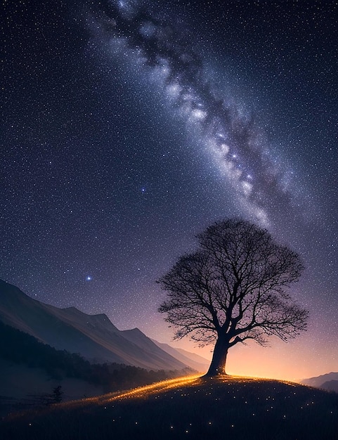 Foto de árvore em 3D contra um céu noturno com lua gerada por IA