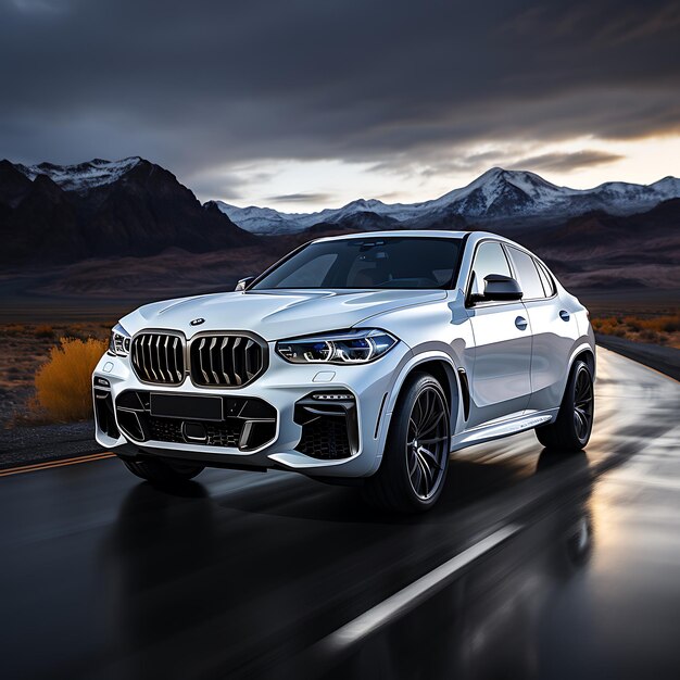 Foto de auto-estrada de velocidade à noite com a lua cheia branca BMW x6 modelo 2022 na frente