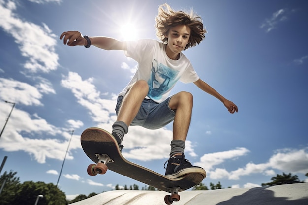 foto de baixo ângulo de adolescente no skatepark se divertindo