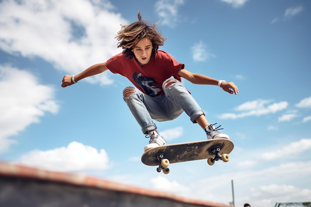 foto de baixo ângulo de adolescente no skatepark se divertindo