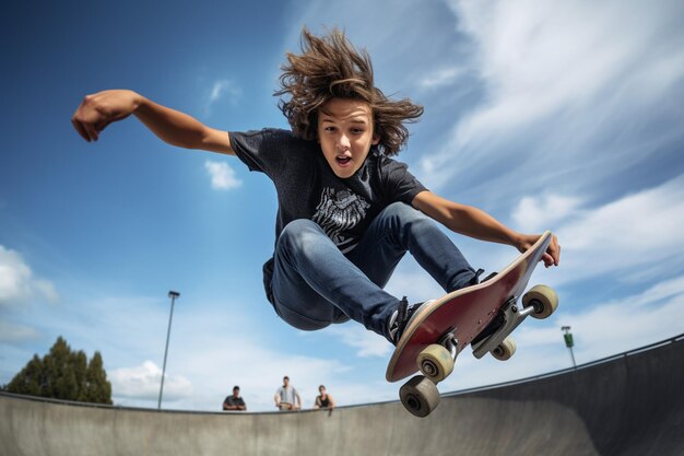 foto de baixo ângulo de adolescente no skatepark se divertindo