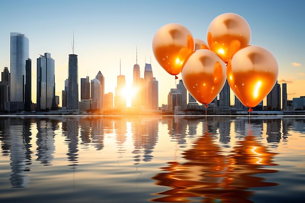 Foto de balões de aniversário em uma paisagem urbana