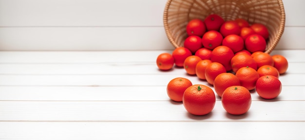 Foto de banner panorâmico de tangerinas em uma cesta de vime sobre fundo de tábuas brancas rústicas Generative AI