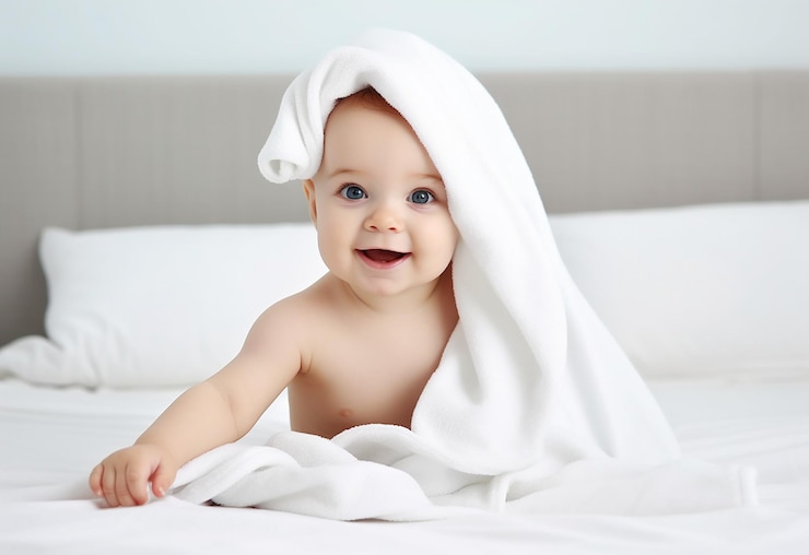 Foto foto de bebê com toalha de bebê em um quarto branco brilhante tomando banho de bebê