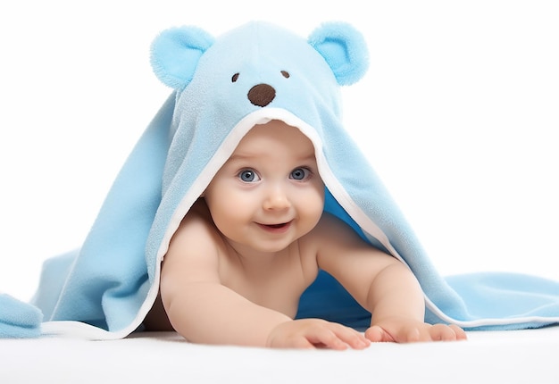 Foto de bebê com toalha de bebê em um quarto branco brilhante tomando banho de bebê