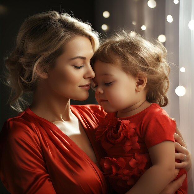 Foto de bebê sorridente e mãe bebê feliz e mãe retrato de mãe e bebê em roupas vermelhas