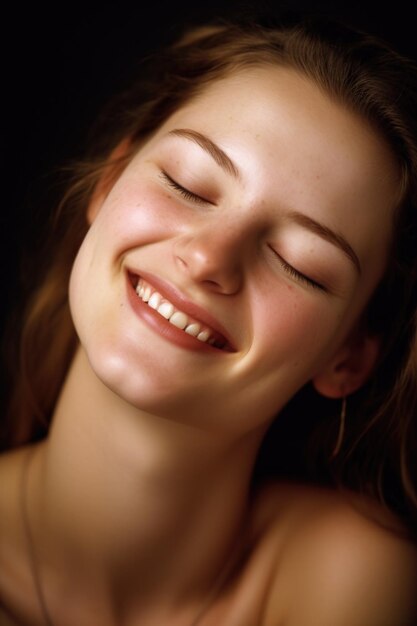 Foto de beleza de uma jovem sorrindo com os olhos fechados criada com ai generativa