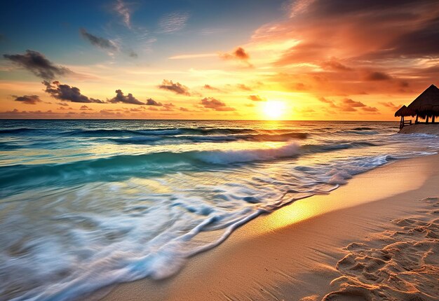 Foto foto de belo pôr do sol à noite na praia com as palmeiras de coco e areias