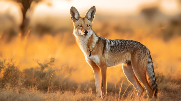 Foto de Black Backed Jackal na savana ao pôr do sol