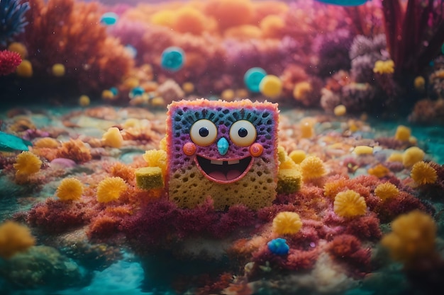 Foto de Bob Esponja em calças quadradas cercado por recifes de coral vibrantes em um paraíso subaquático