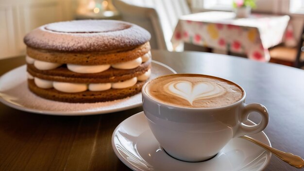 Foto de bolo saboroso com um copo de cappuccino em foco