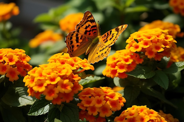 Foto de borboleta em um leito de flores de lantana Flor