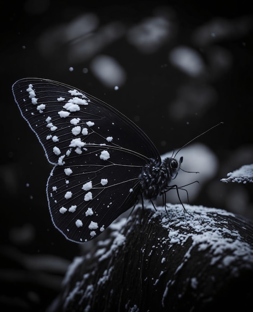Foto de borboleta preta com ponto branco na queda de neve