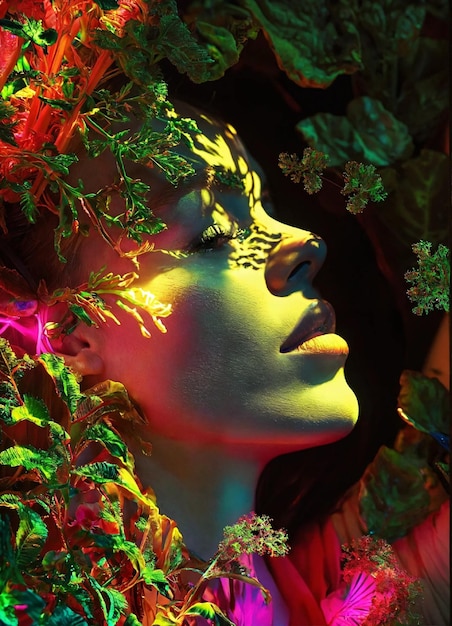 Foto foto de cabeça brilhante de néon de uma mulher em seu quarto no estilo de cores vibrantes na natureza bioarte