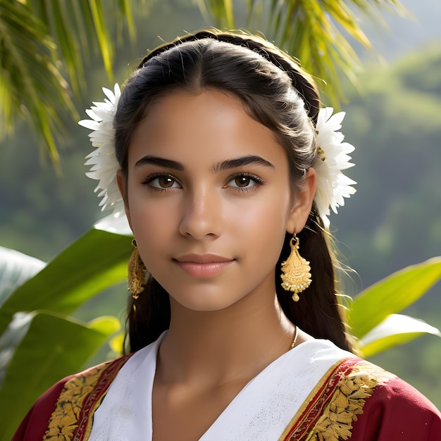 Foto de cabeça de uma menina brasileira de 16 anos de idade em roupas tradicionais com fundo natural desfocado