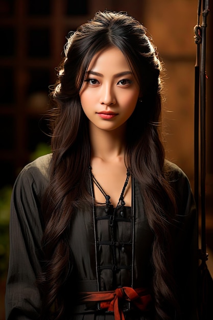 foto de cabelos longos de uma jovem asiática com estilo de maquiagem coreana no rosto e pele perfeita