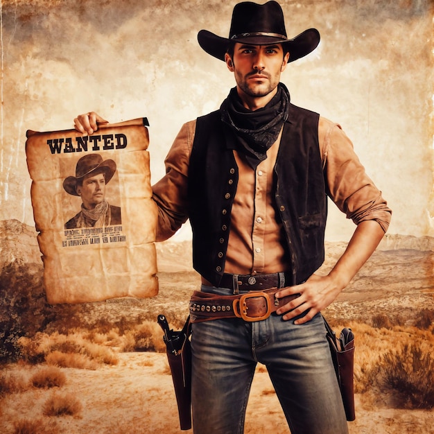 Foto foto de caçador de recompensas, cowboy, homem com cartaz de procurado, ia generativa.