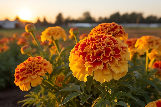 Foto de calêndulas em um campo com um nascer ou pôr do sol