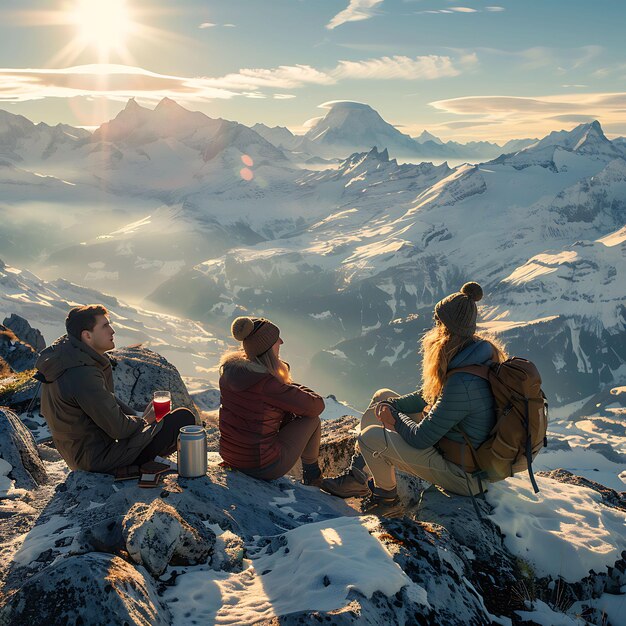 Foto de caminhantes descansando em uma montanha na Suíça com atividades da família Swiss Choco Job Care