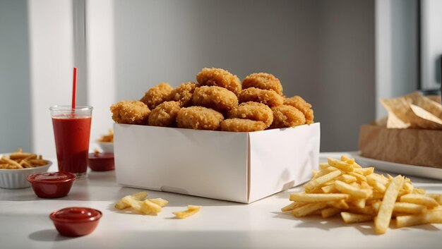 foto de carne nuggets de frango delicioso hambúrguer batatas fritas com muito molho delicioso 2