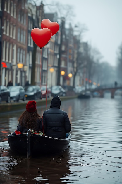 Foto de casais desfrutando de um passeio romântico de barco ao longo dos canais de Am Festival Holiday Concept