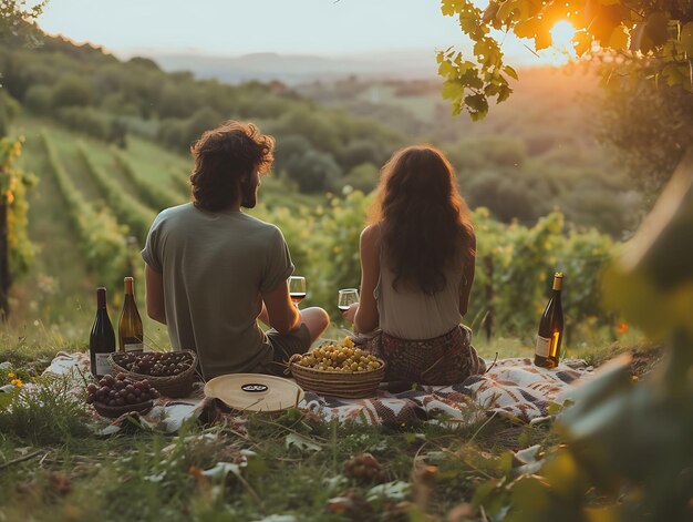 Foto foto de casais desfrutando de um piquenique romântico nas vinhas de tusca festival holiday concept