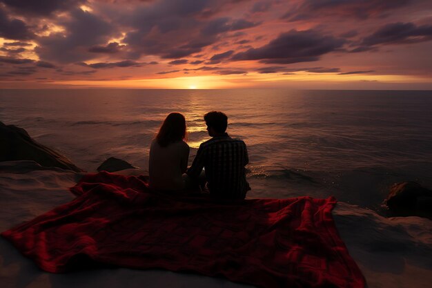 Foto foto de casal sentado em um cobertor observando o sol