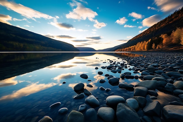 Foto de cenas à beira do lago norueguês banhadas no Midni