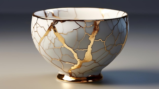 Foto de cerâmica com kintsugi restaurado com rachaduras de ouro Método tradicional japonês de fixação de ouro