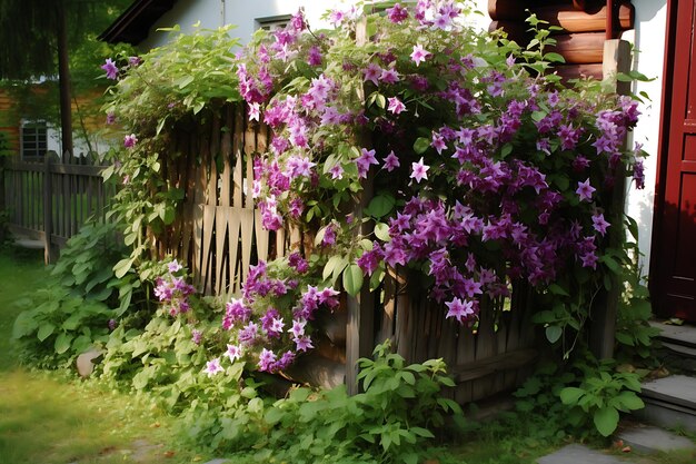 Foto de cerca de jardim rústico com clematis escalada Jardim de flores
