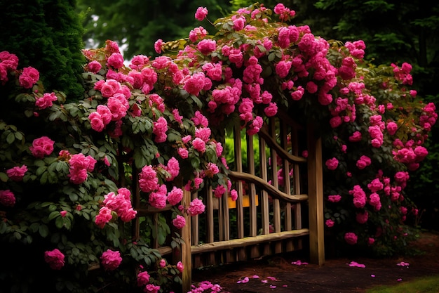 Foto de cerca de jardim rústico com rosas de escalada Jardim de flores