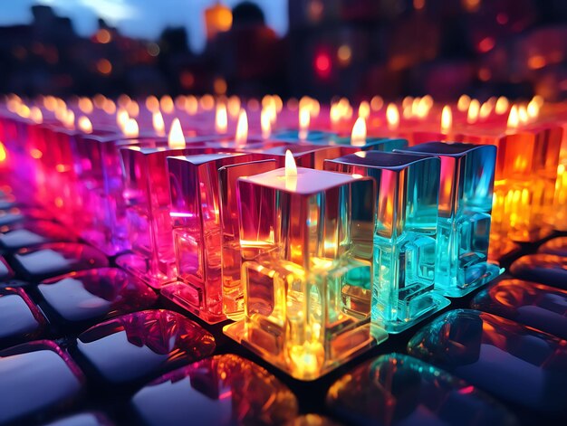 Foto de chamas de velas refletidas em um prisma de vidro Cores do arco-íris Abst Candlesmas Festa de Natal