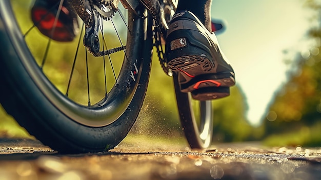 Foto foto de ciclismo ao ar livre com close dos pés enquanto pedala com ia generativa