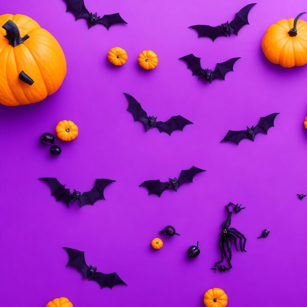 Foto de cima das decorações de Halloween morcegos aranhas teia de doces milho gatos abóboras silhuetas voando