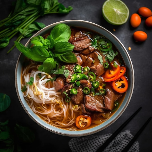 foto de cima de comer carne de vaca vietnamita pho