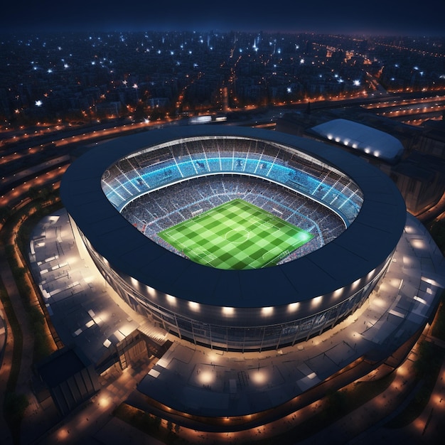 Foto de cima de um estádio de futebol à noite com as luzes em renderização 3D