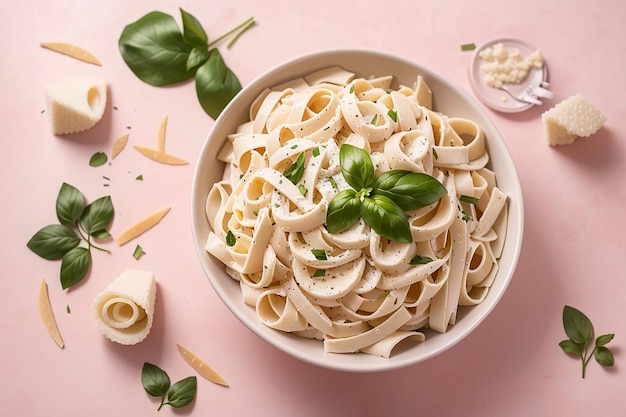 Foto de cima de uma deliciosa fettucine alfredo em fundo rosa claro