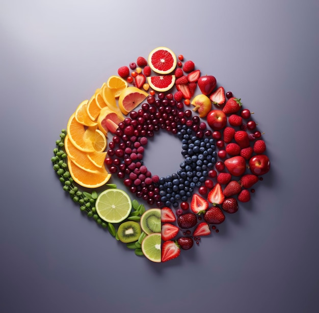 Foto de cima do arco-íris de frutas frescas coloridas